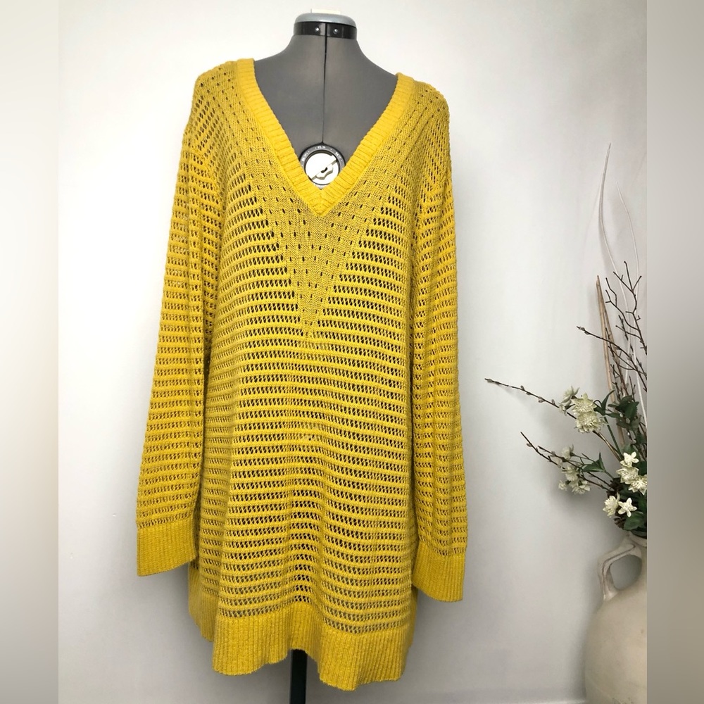 Addition Elle Mustard Yellow Open Weave Long Sleeve Knit Top